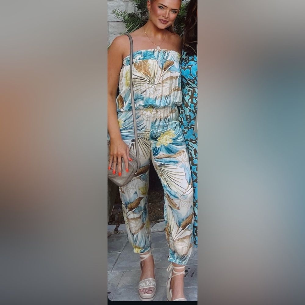 Tropical Leaf Print Strapless Jumpsuit